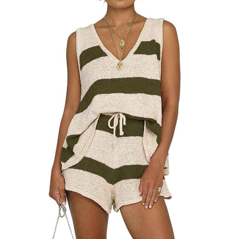 Womens-2Piece-Outfits-Sweater-Sets-Off-Shoulder-Knit-Tops-Waist-Short-Suits-Casual-Pajama-Set-green-front