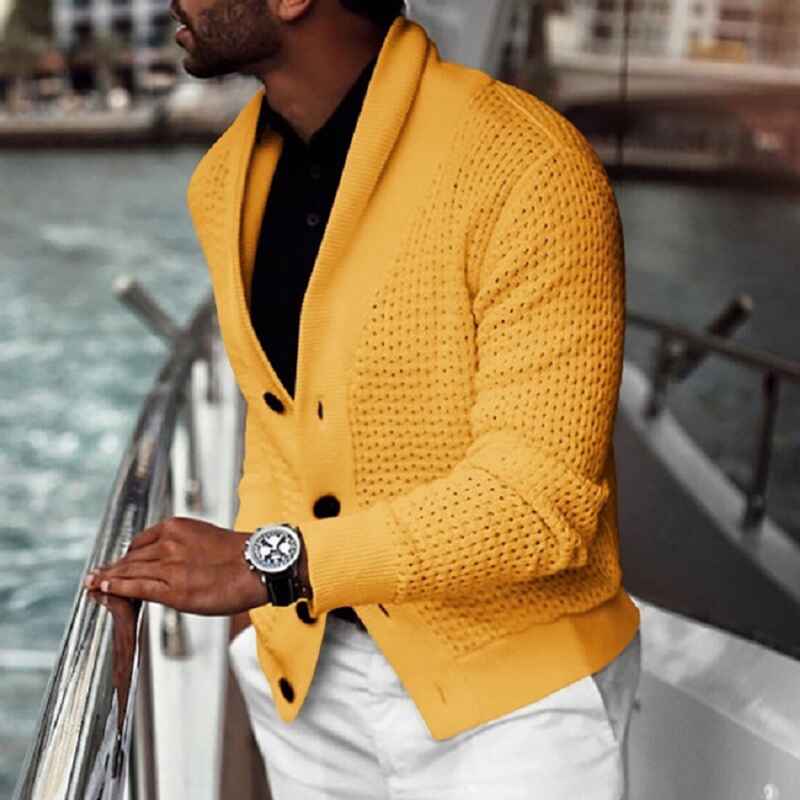Yellow-Mens-Slim-Fit-Cable-Knit-Sweaters-Cardigans-Button-Long-Sleeve-Lapel-Coat-G008