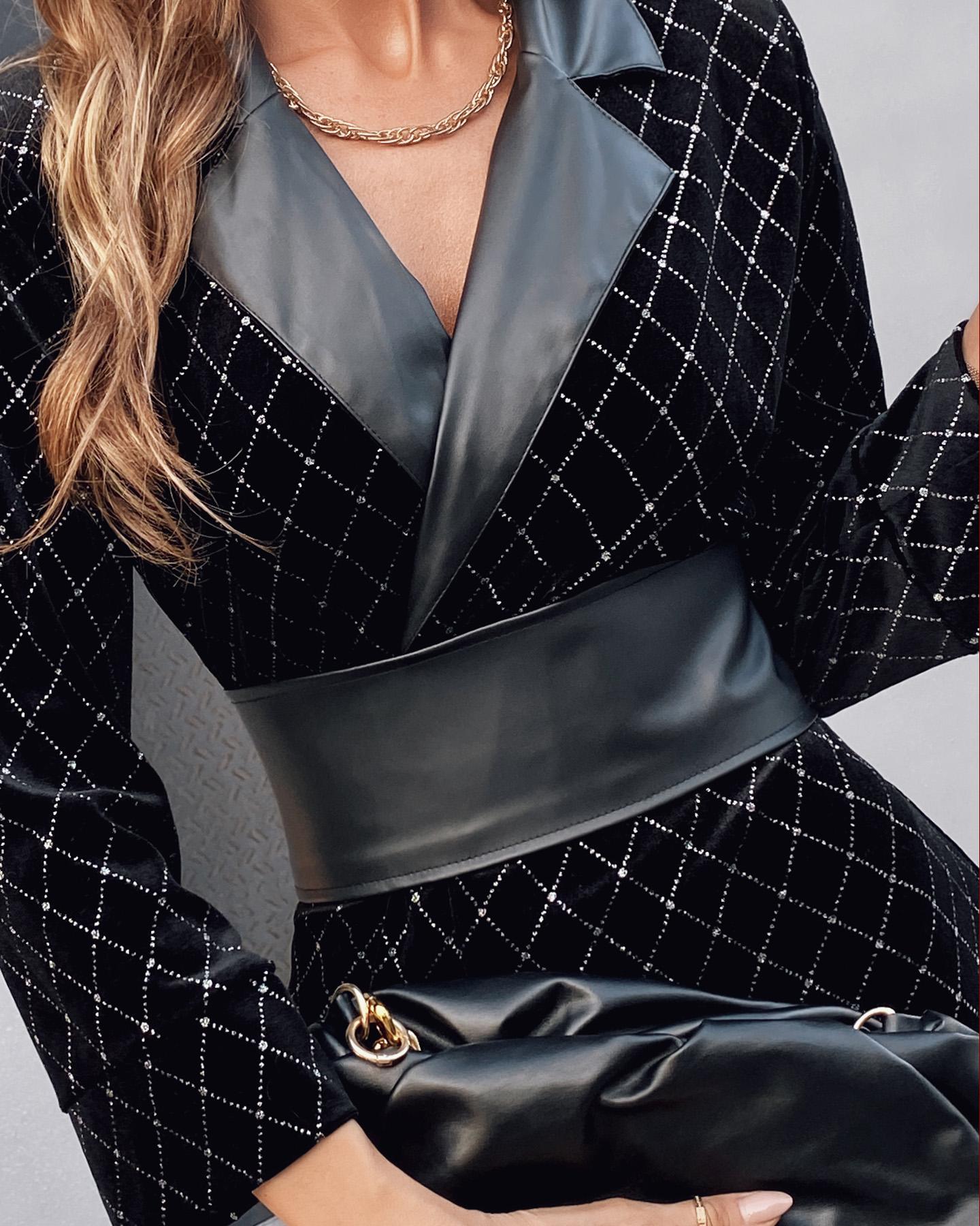 Colorblock Glitter PU Leather Blazer Dress