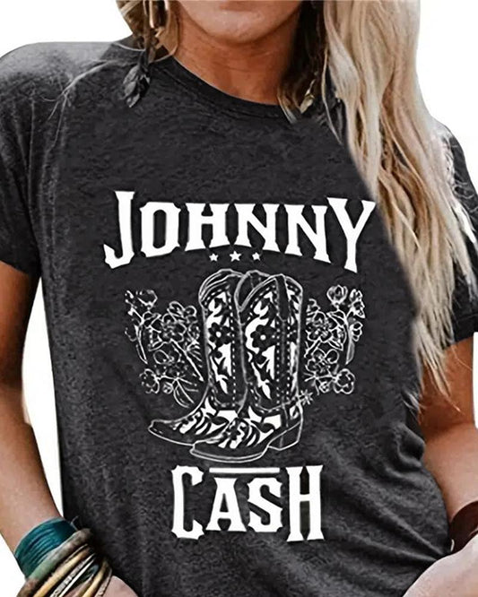 Johnny Cash Print T shirt Western Country Music Graphic Tee