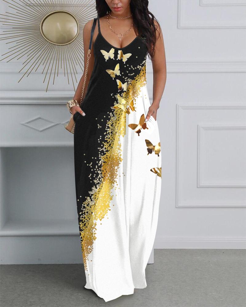 Butterfly Print Colorblock Spaghetti Strap Maxi Dress