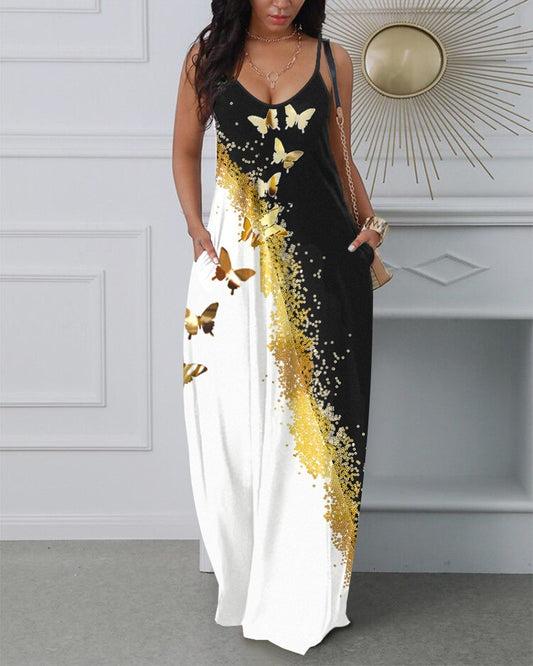 Butterfly Print Colorblock Spaghetti Strap Maxi Dress