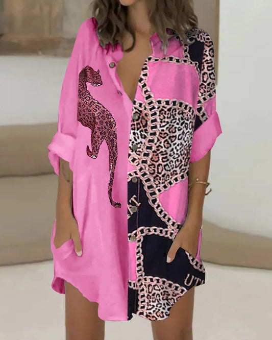 Leopard Chain Print Buttoned Pocket Design Shirt Dress
