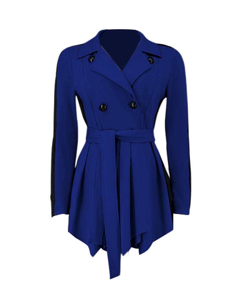 Colorblock Asymmetrical Hem Double Breasted Belted Coat