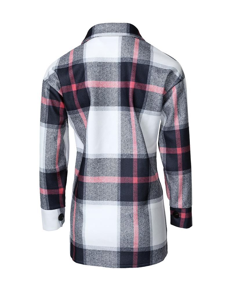 Plaid Print Pocket Button Design Long Sleeve Shacket