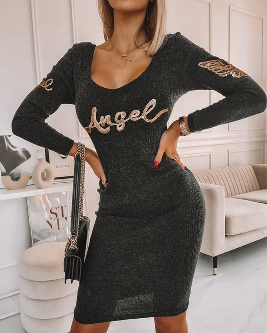 U Neck Letter Wing Sequin Long Sleeve Ribbed Dress