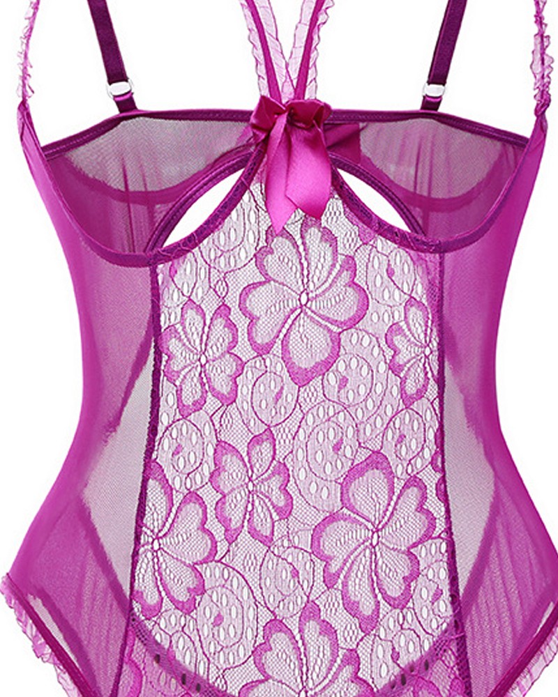 Bowknot Open Crotch Floral Lace Crotchless Teddies