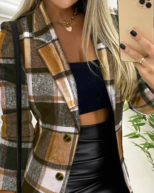 Plaid Print Buttoned Long Sleeve Blazer Coat