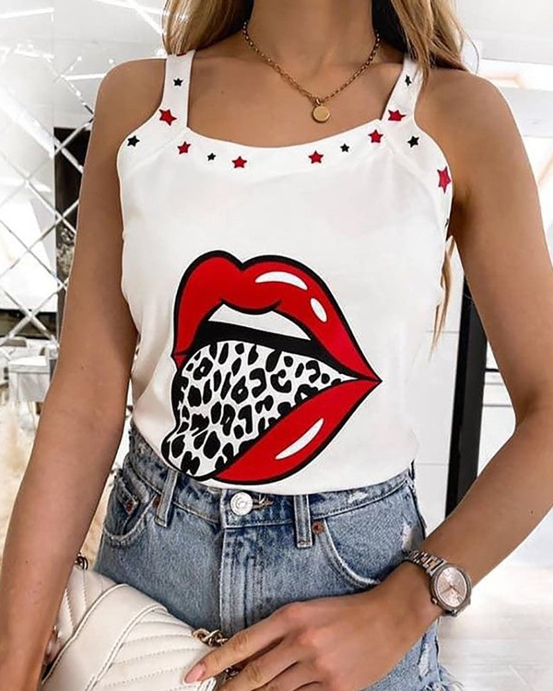 Star Lip Leopard Print Tank Top