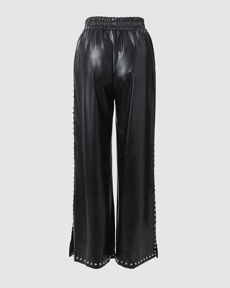 Studded Decor Pocket Design PU Leather Wide Leg Pants