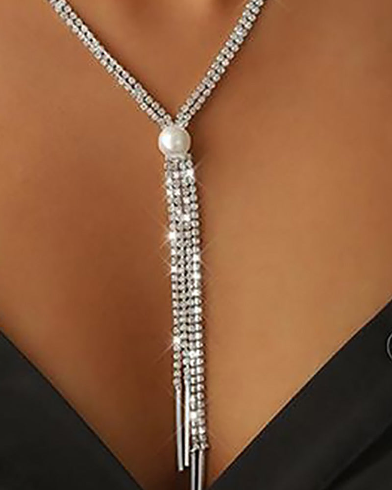 Rhinestone Tassel Design Pearl Pendant Necklace