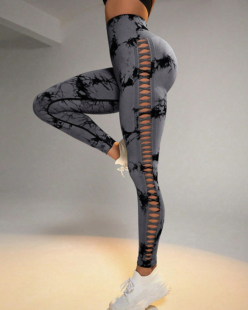 Tie Dye Print Ladder Cutout Sports Yoga Leggings