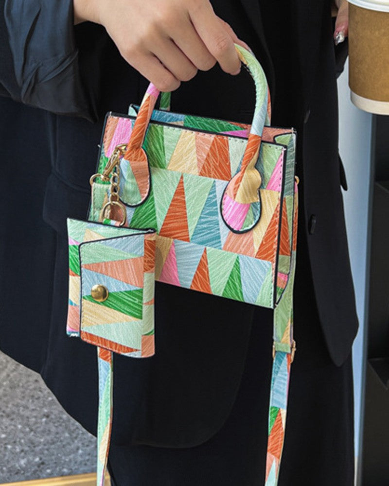 Geometric Colorblock Satchel Bag With Inner Pouch