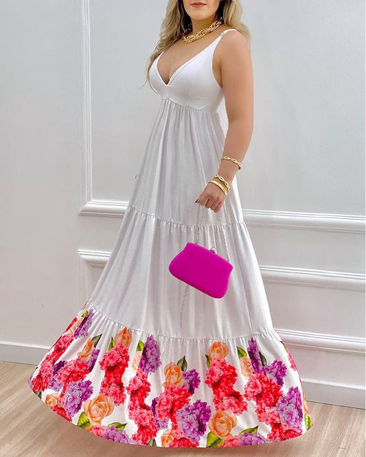 Sleeveless Plunge Ruched Floral Print Maxi Dress