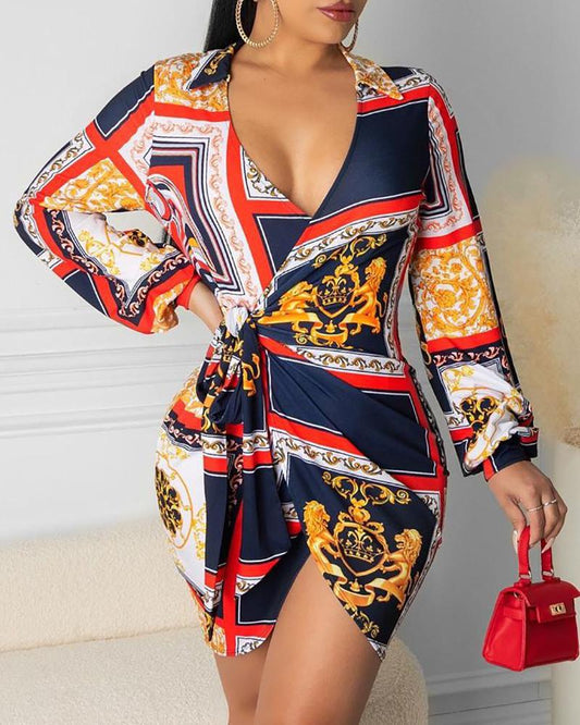 Lantern Sleeve Tied Detail Scarf Print Dress