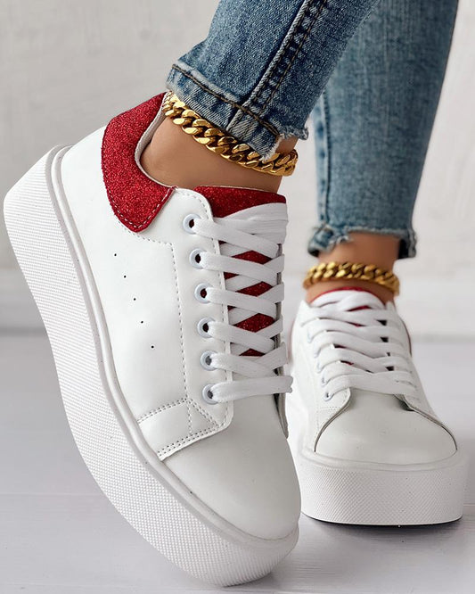 Glitter Colorblock Lace up Round Toe Sneakers