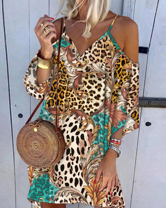 Leopard Baroque Print Cold Shoulder Casual Dress