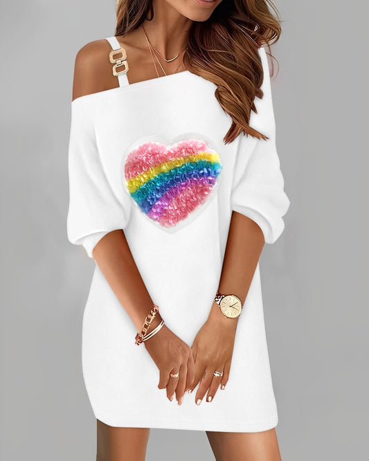 Rainbow Stripe Heart Pattern Cold Shoulder Casual Dress