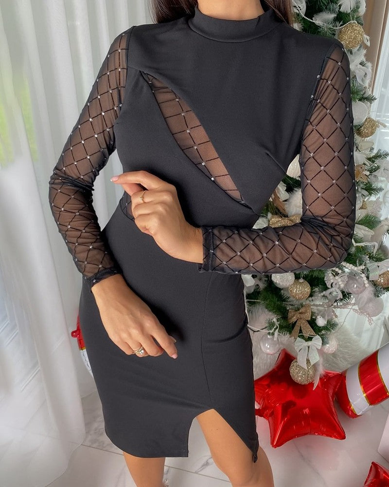 Cutout Mesh Patch Slit Bodycon Dress