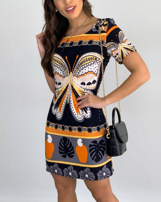Color Block Butterfly Print Short Sleeve Mini Dress