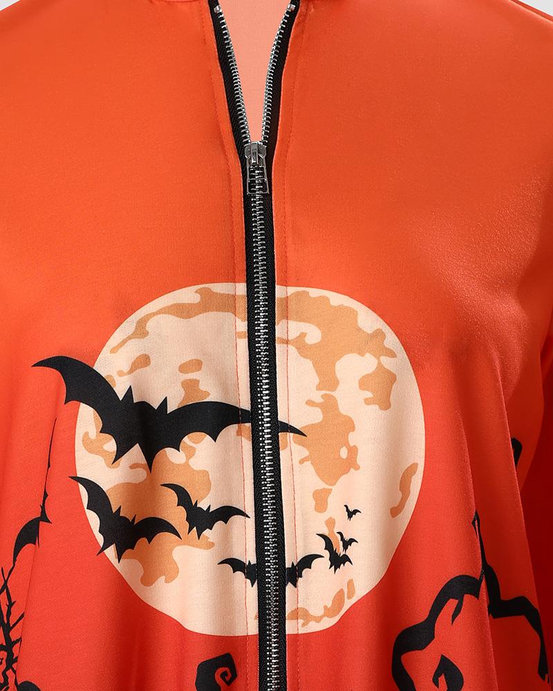 Halloween Graphic Pumpkin Print Long Sleeve Coat