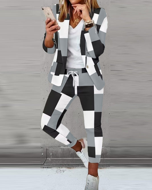 Geometric Print Colorblock Blazer Coat & Drawstring Pants Set