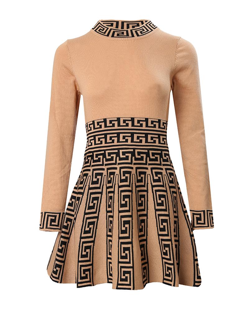 Geometric Print Long Sleeve Work Dress