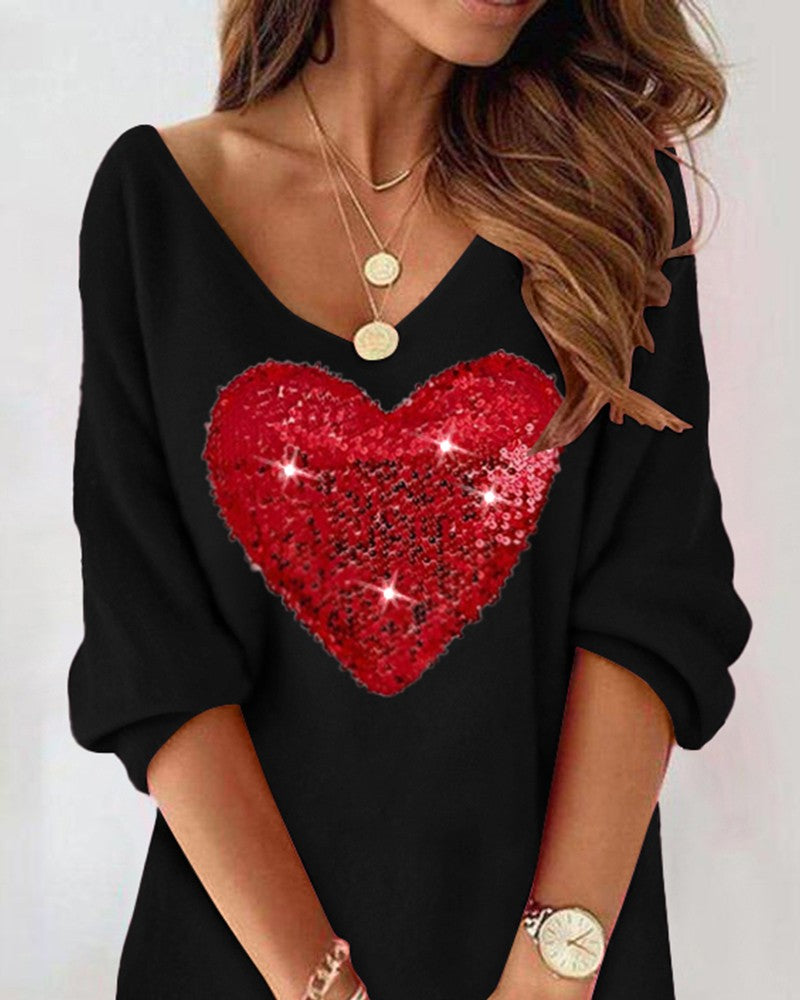 Colorblock Heart Pattern Contrast Sequin Casual Dress