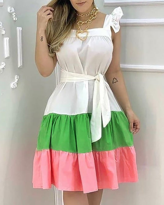 Colorblock Flutter Sleeve Ruched Casual Dress With Belt