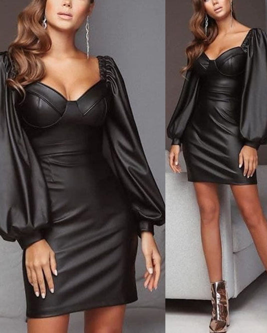 Puff Lantern Sleeve PU Leather Bodycon Dress