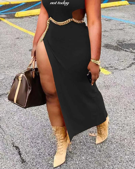 Letter Print Cutout Chain Decor High Slit Dress