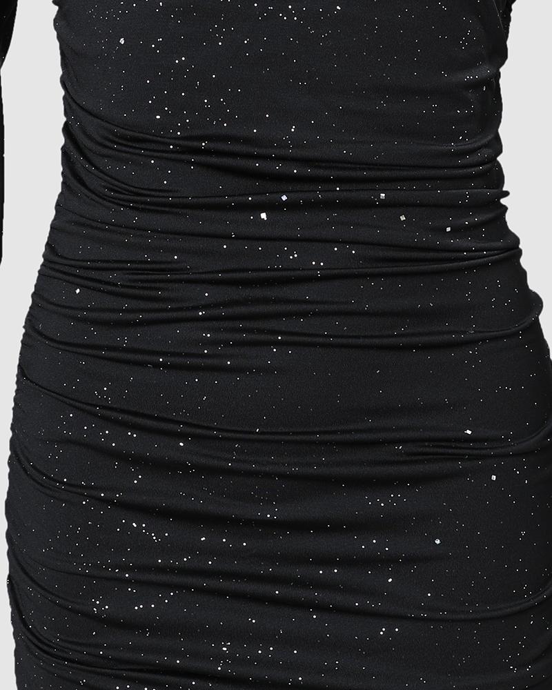 Rhinestone Decor Cold Shoulder Glitter Bodycon Dress