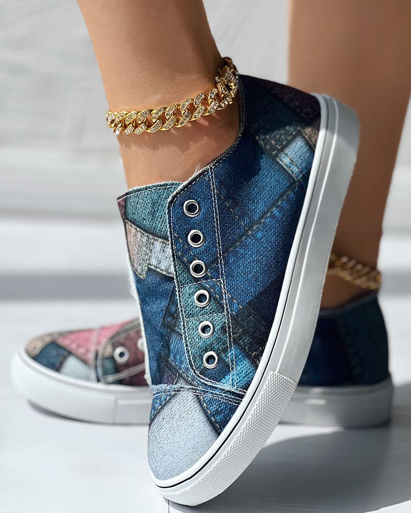 Denim Look Print Eyelet Slip on Sneakers