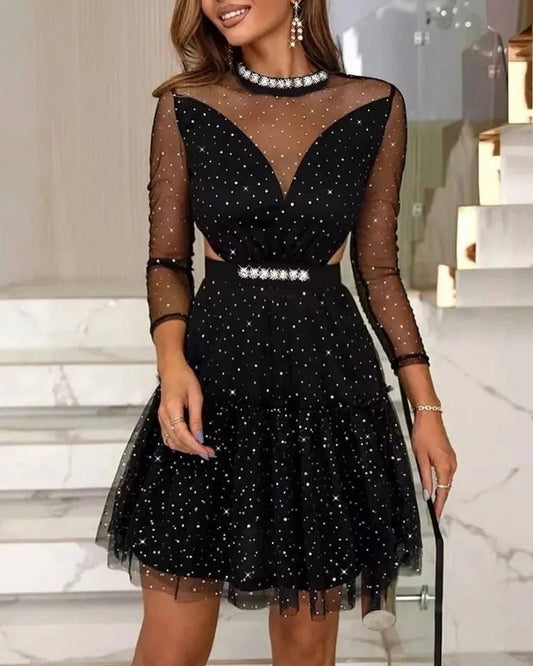 Contrast Mesh Frill Hem Polka Dot Pattern Party Dress