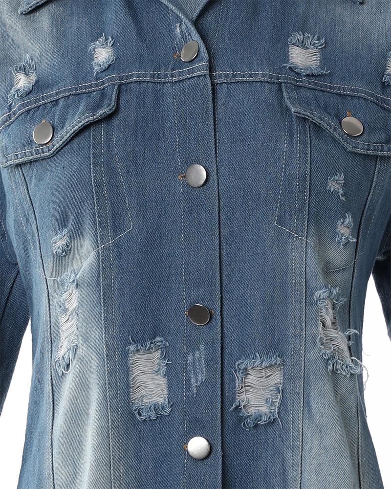 Ripped Raw Hem Button Front Longline Denim Coat