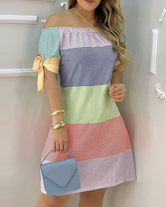 Striped Print Colorblock Off Shoulder Casual Dress
