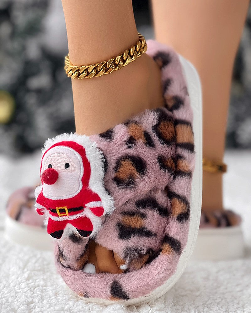 Christmas Cartoon Leopard Cross Strap Fuzzy Winter Slippers