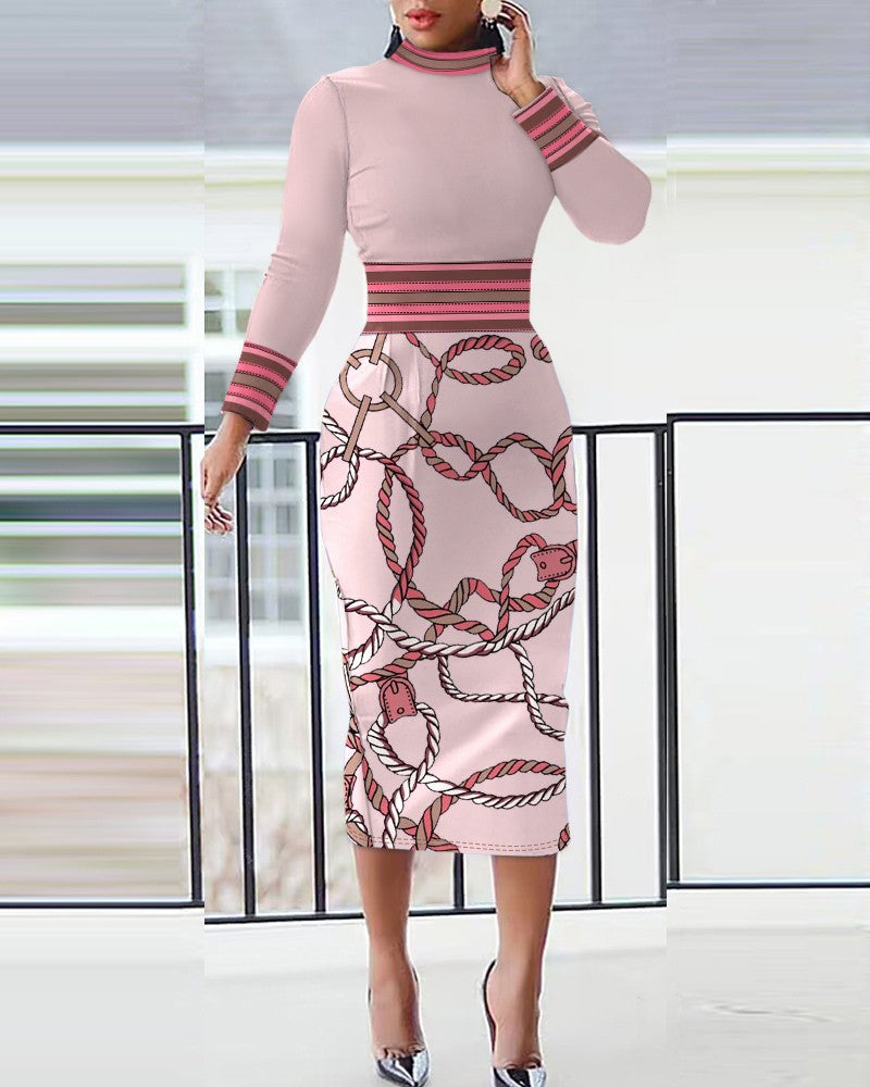 Striped Chain Print Long Sleeve Slit Dress