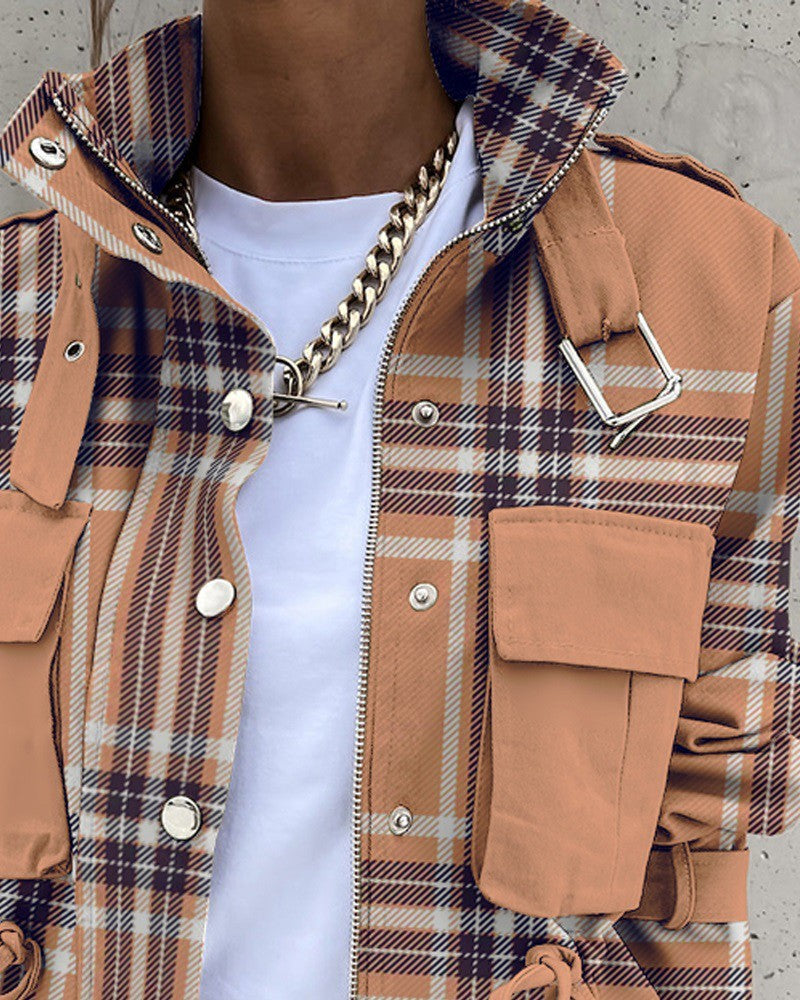Plaid Print Pocket Design Biker Jacket