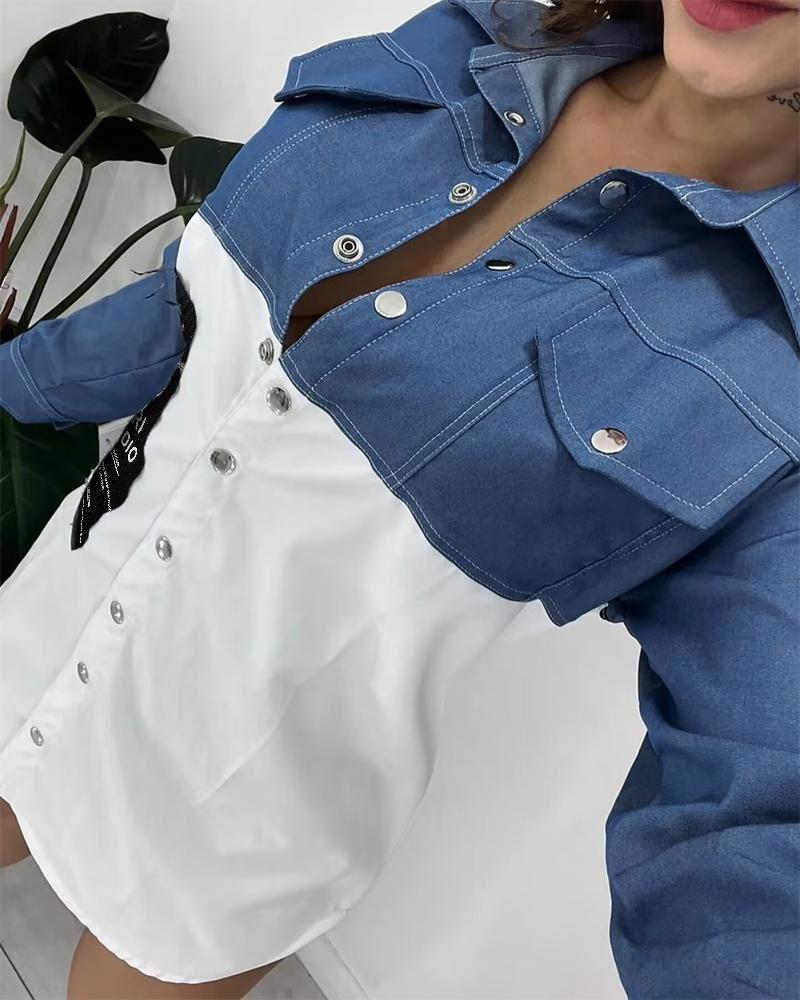 Denim Look Print Patchwork Buttoned Shirt Dress