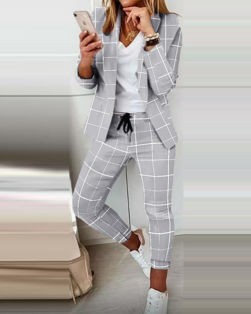 Plaid Print Blazer & Drawstring Pants Set