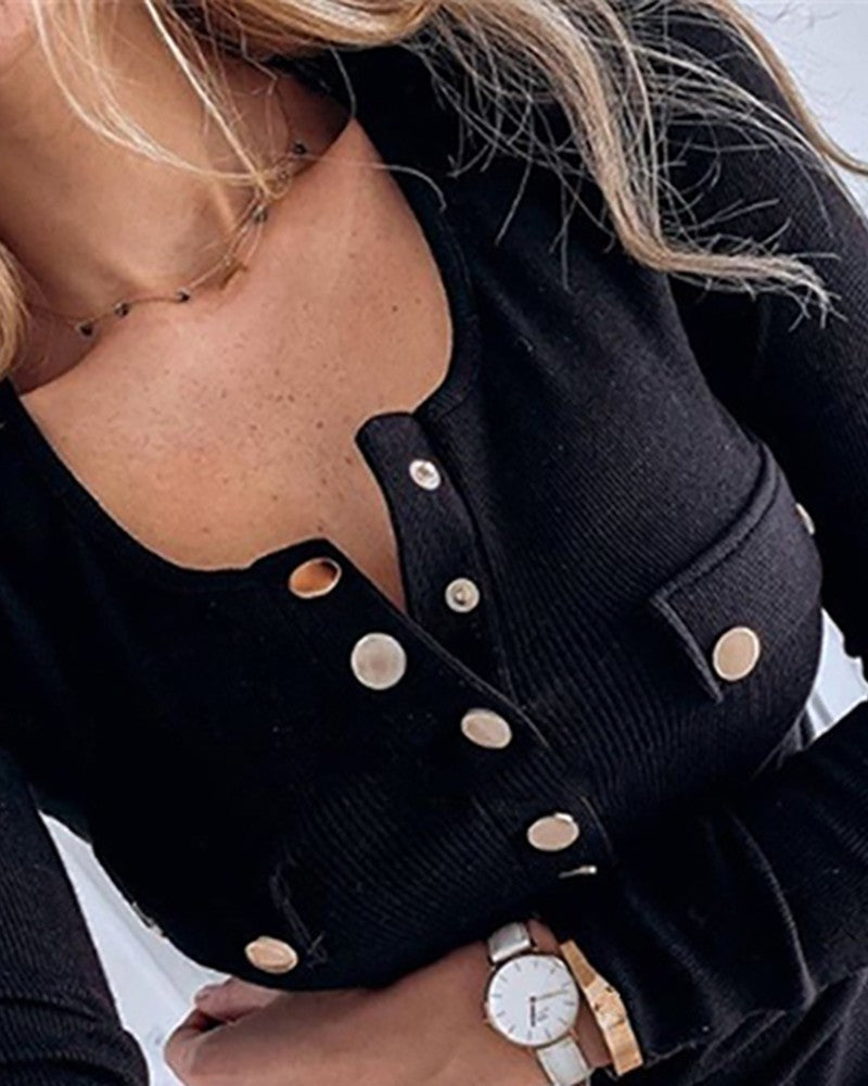 Buttoned Long Sleeve Ribbed Top
