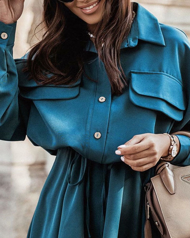 Button Front Drawstring Long Sleeve Dress