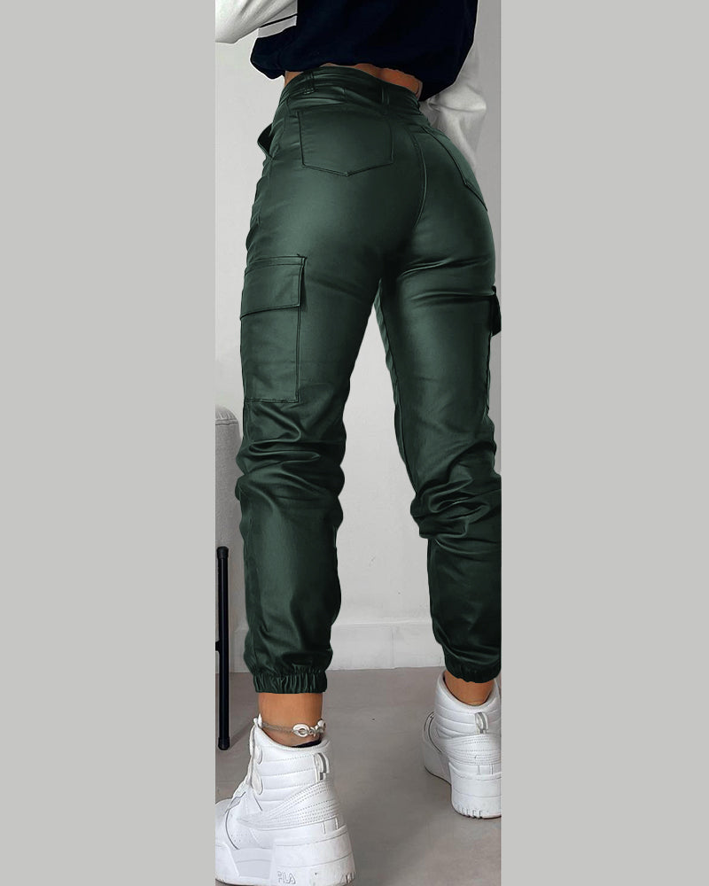 Pocket Design Cuffed PU Leather Pants