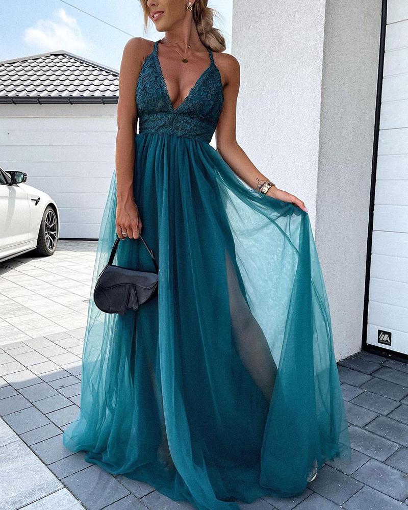 Crisscross Backless Crochet Lace Mesh Prom Dress