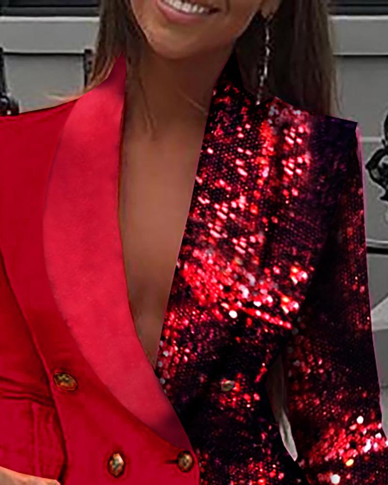 Colorblock Sequins Long Sleeve Blazer Dress