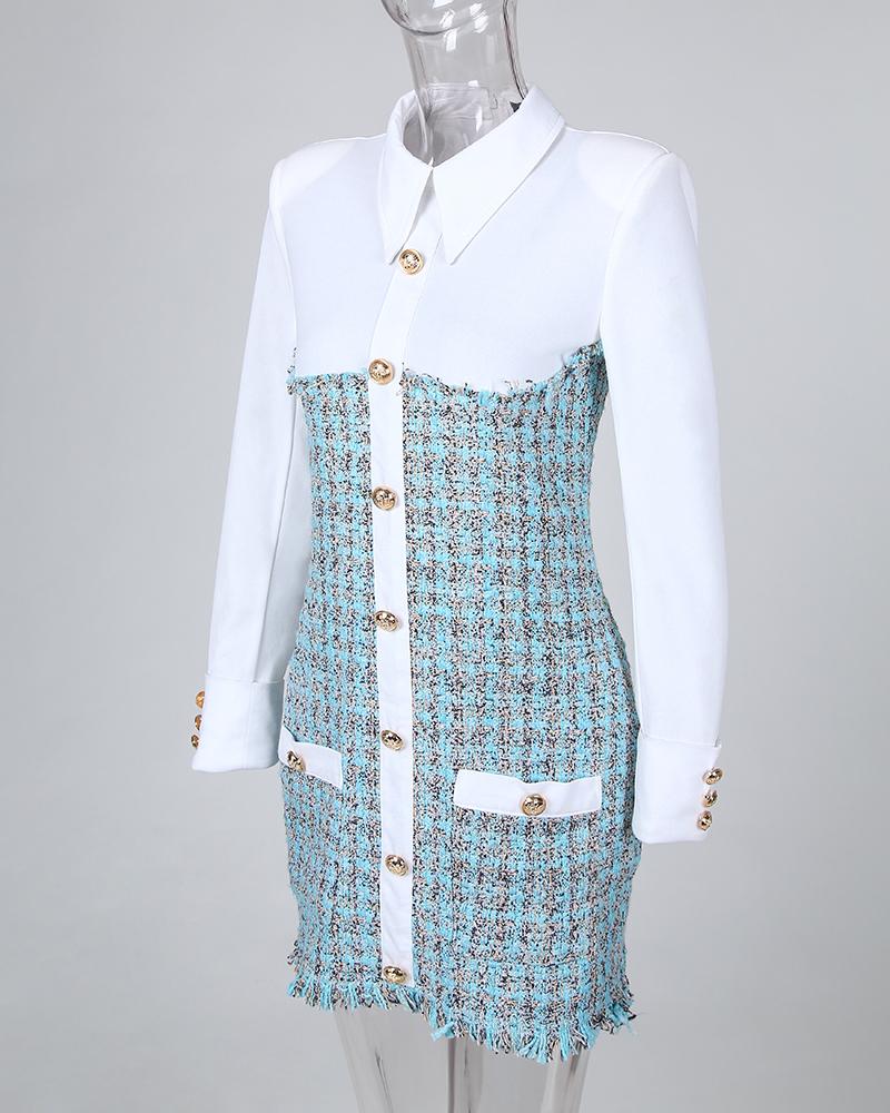 Long Sleeve Buttoned Tweed Bodycon Dress