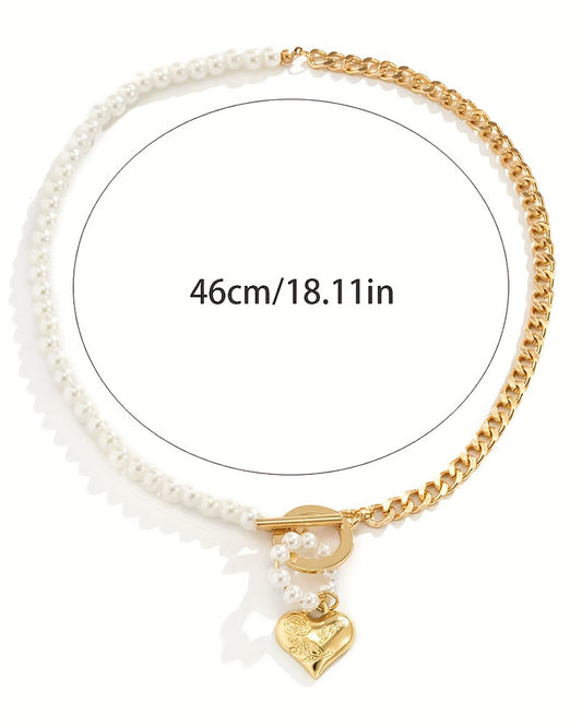 1pc Pearls Decor OT Toggle Heart Pendant Necklace