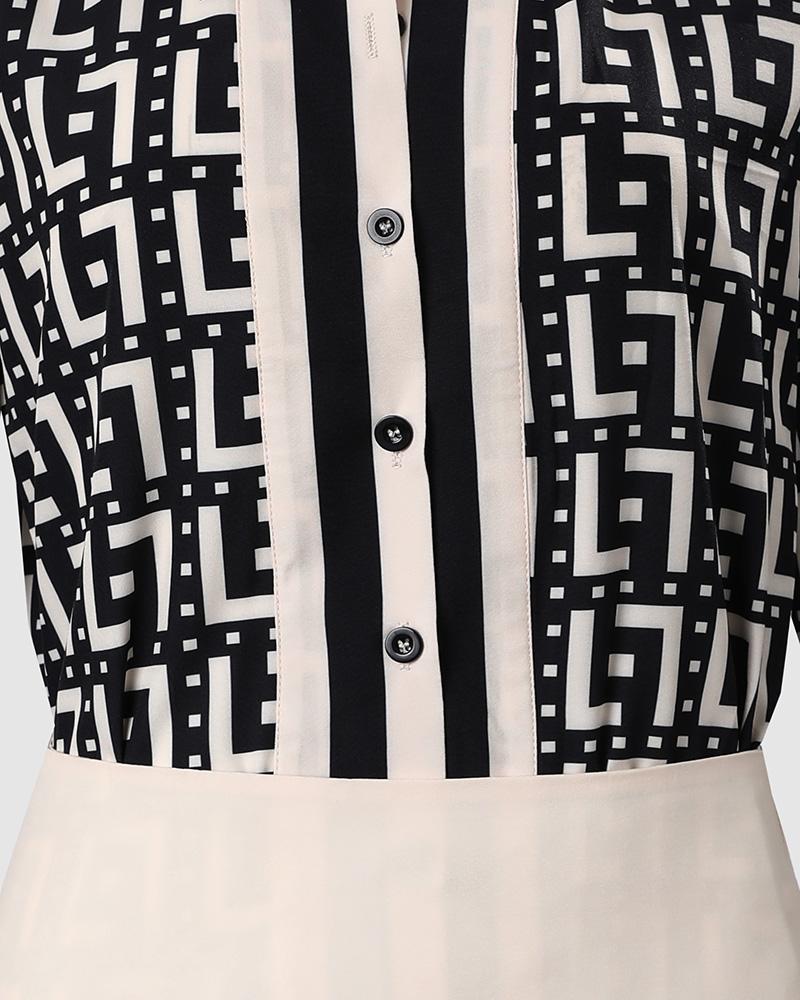 Geometric Print Long Sleeve Button Down Shirt & Skirt Set