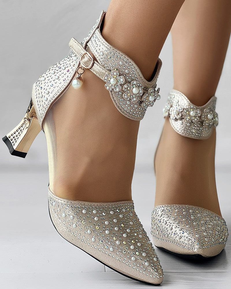 Beaded Rhinestone Mesh Patchwork Pyramid Heel Ankle Boots